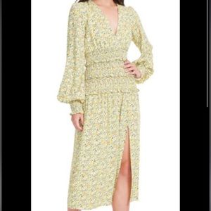 AFRM Hazel Smocked Bell Sleeve Dress, yellow ditsy